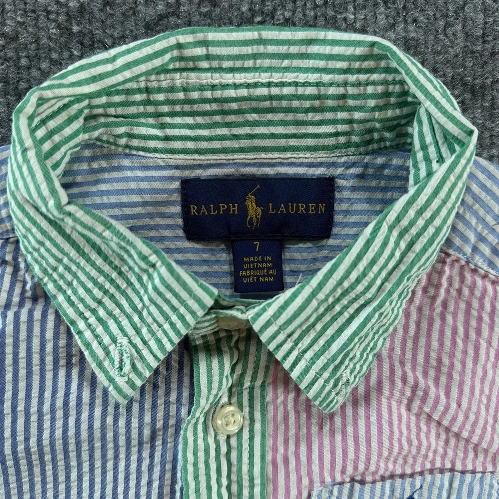 Ralph Lauren Kids Boys Multi Color Seersucker Striped Button Down Shirt Size 7